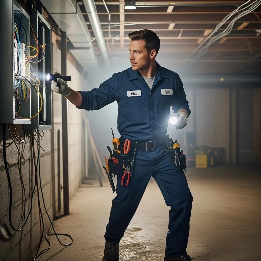 Electrician responding to an emergency call, emphasizing urgent electrical services