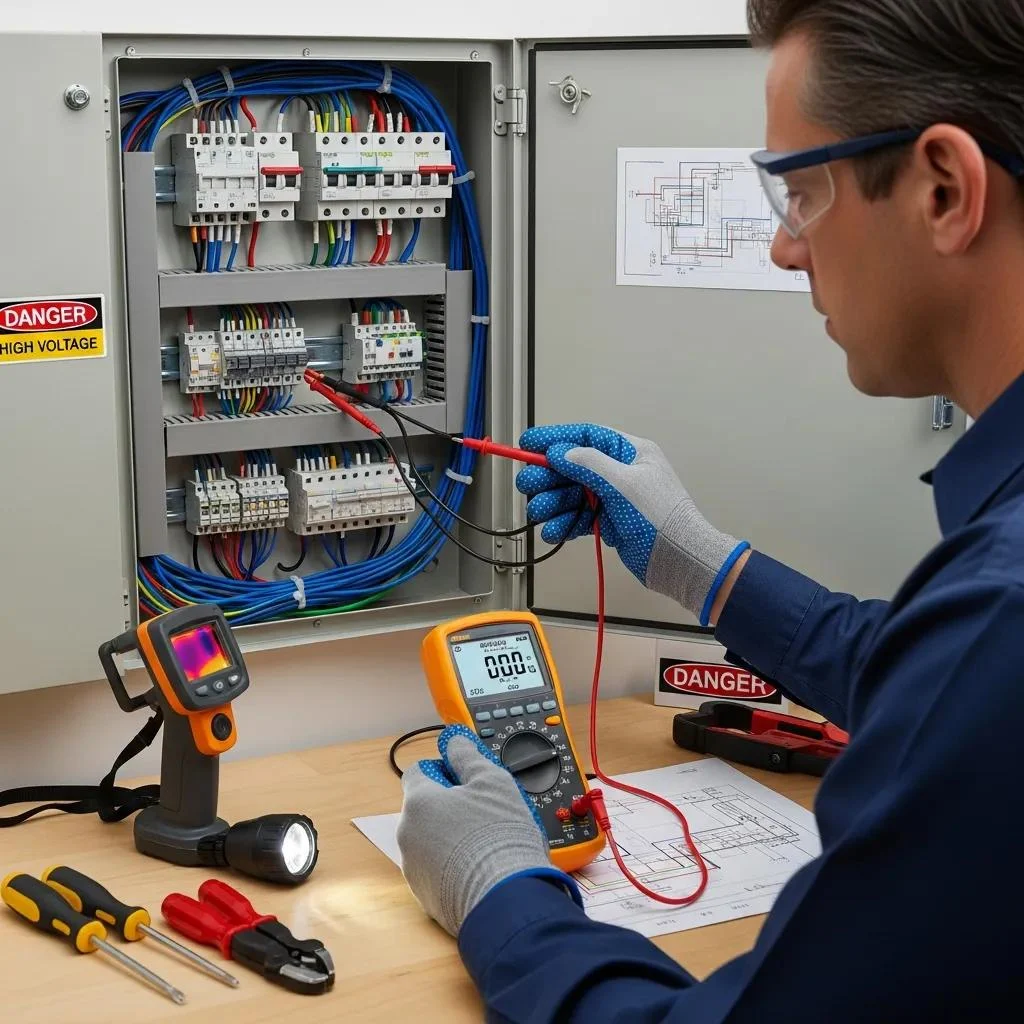 Electrician using diagnostic tools for electrical fault isolation in an electrical panel