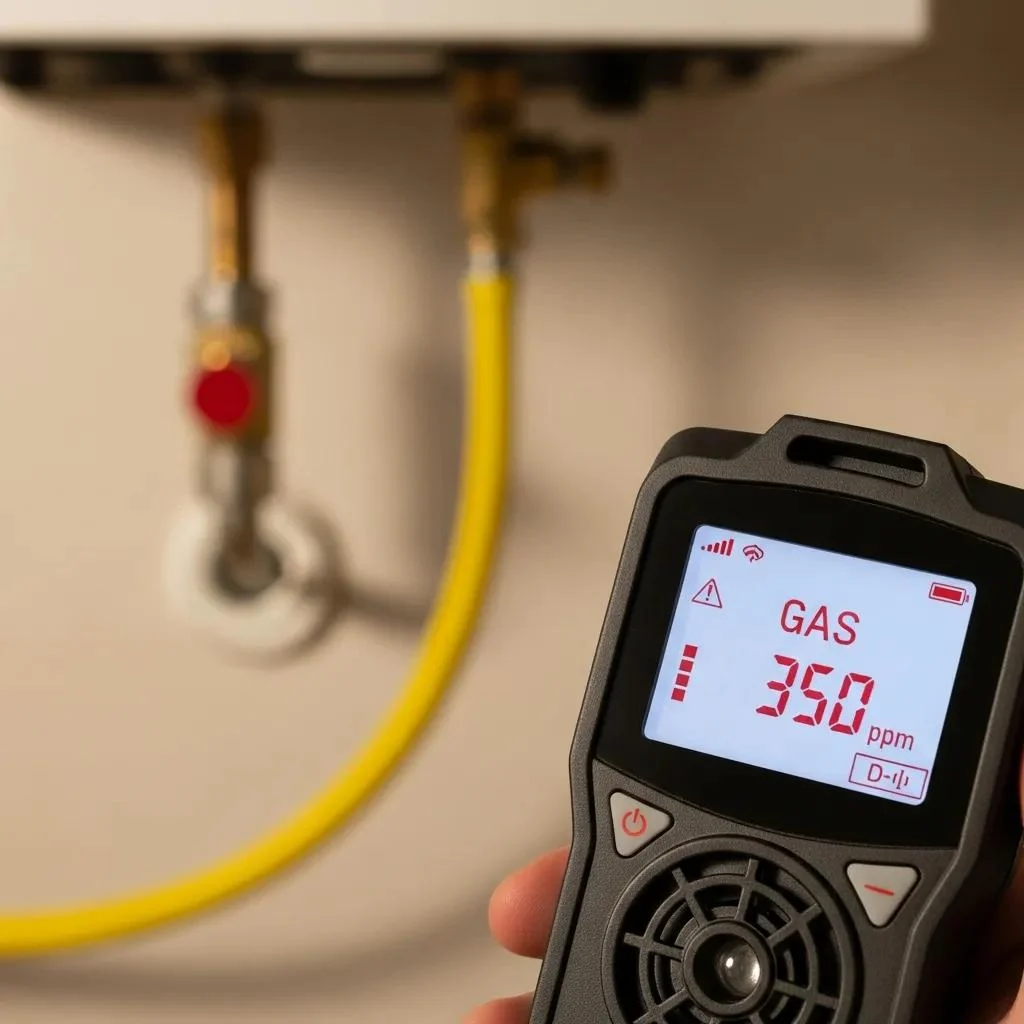 Electronic gas detector in use, showcasing its role in identifying gas leaks in a residential setting