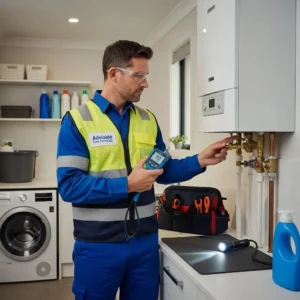 Gas fitter inspecting a gas appliance in a residential setting, highlighting safety and professionalism