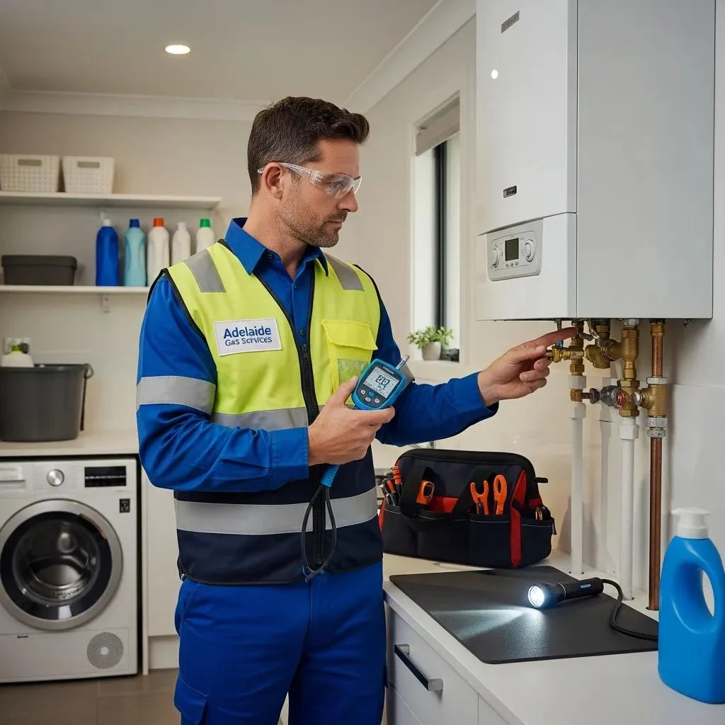 Gas fitter inspecting a gas appliance in a residential setting, highlighting safety and professionalism