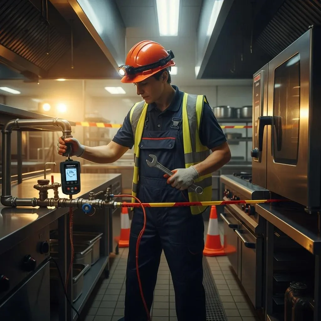 Gas fitter responding to a gas leak emergency in a commercial property, emphasizing urgency and safety