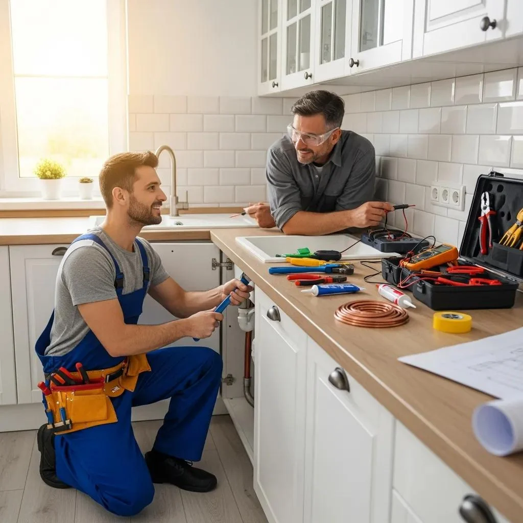 Plumber and electrician collaborating in a residential setting, highlighting reliable services
