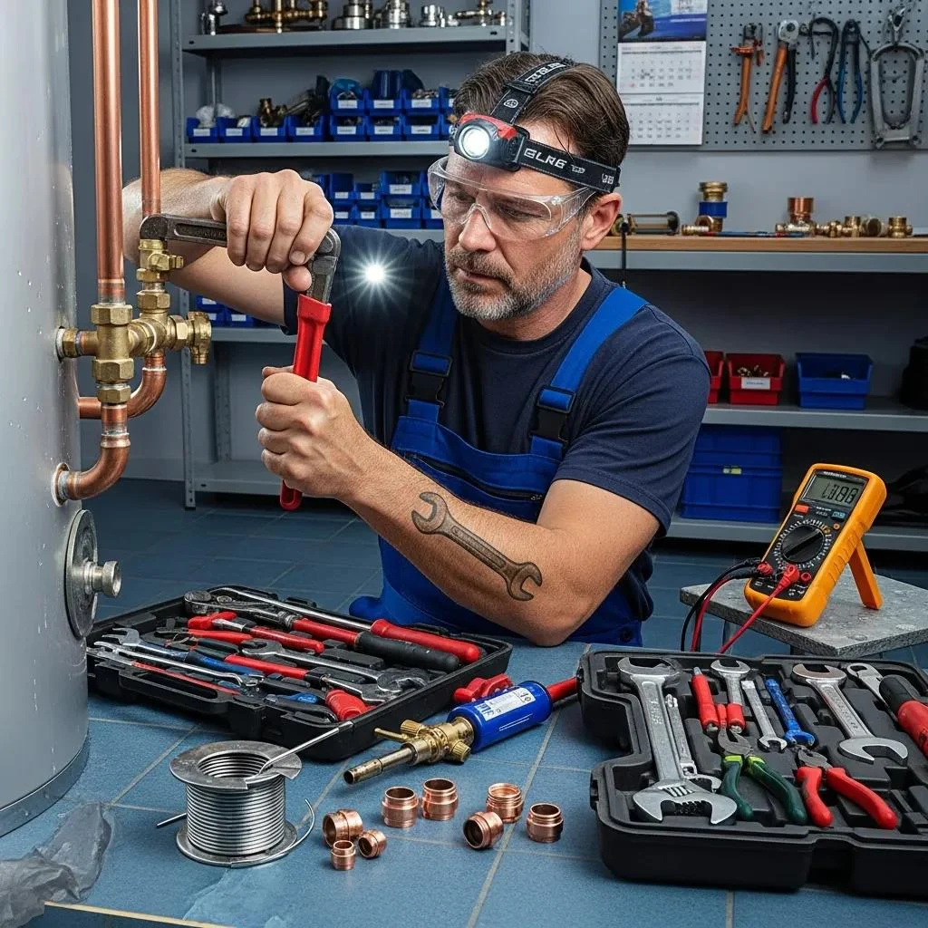 Plumber repairing a hot water system, showcasing expertise in plumbing services