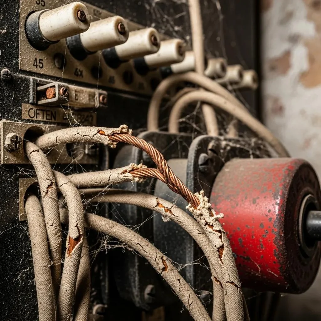 Close-up of frayed wires and an outdated switchboard illustrating common electrical hazards