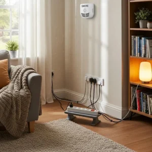 Cozy living room showcasing electrical safety features like smoke alarms and organized outlets