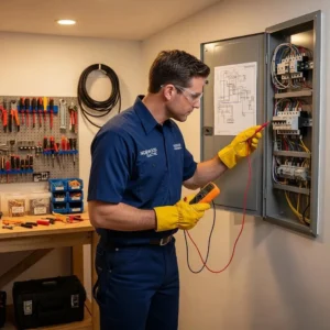 Licensed electrician inspecting electrical systems in a residential setting in Norwood