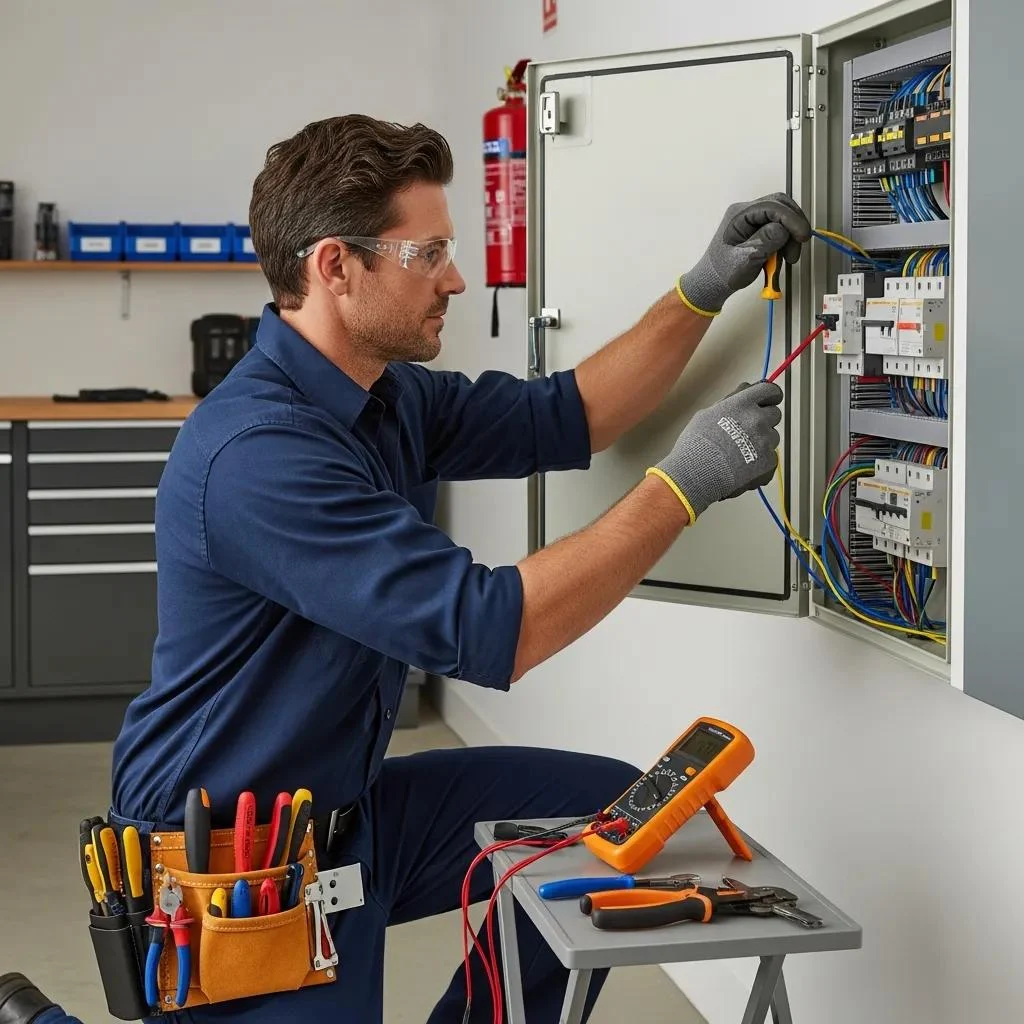 Licensed electrician installing a safety switch in a residential electrical panel