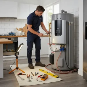 Modern gas and electric hot water system installation in a residential setting with a technician at work