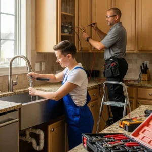 Professional plumber and electrician collaborating on home repairs in Burnside