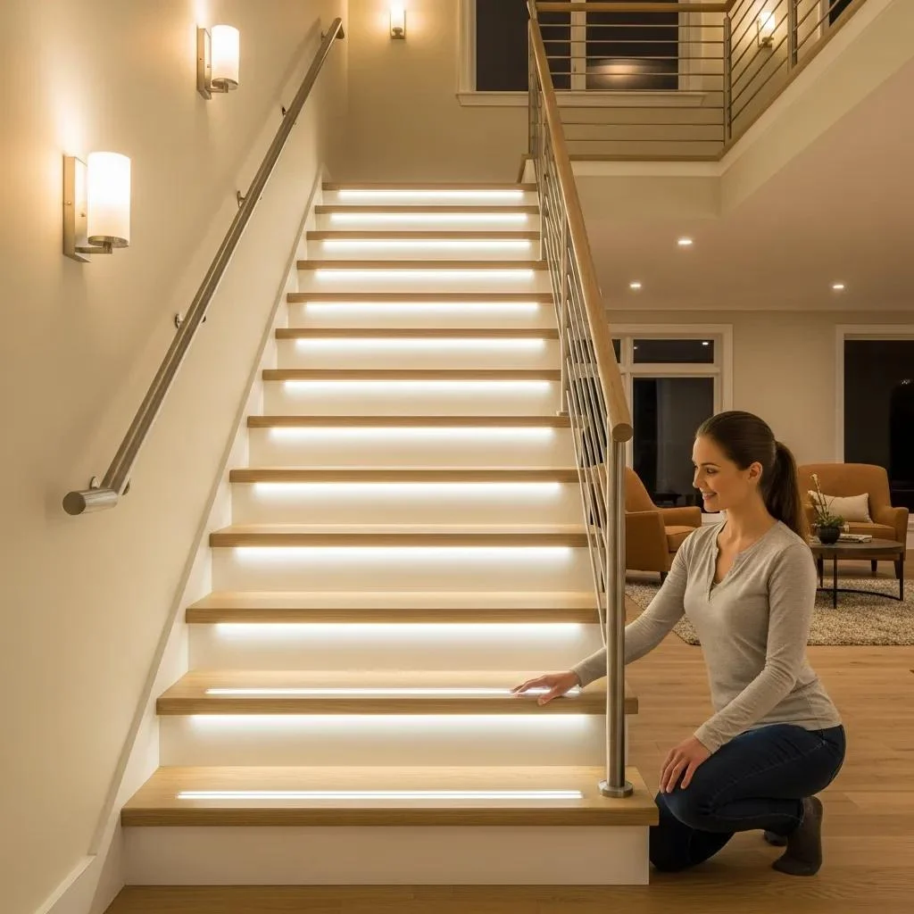 Well-lit staircase highlighting the importance of proper lighting for home safety