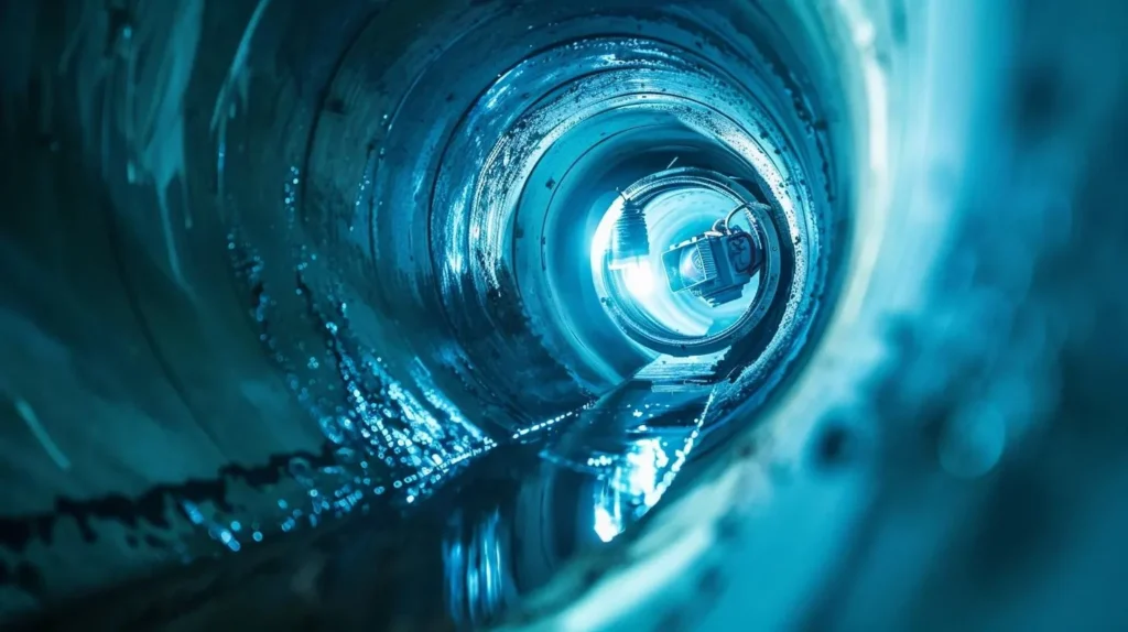 Close-up of CCTV camera inside drainage pipe for inspection
