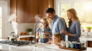 Family enjoying hot water in a cozy kitchen, representing comfort during emergencies