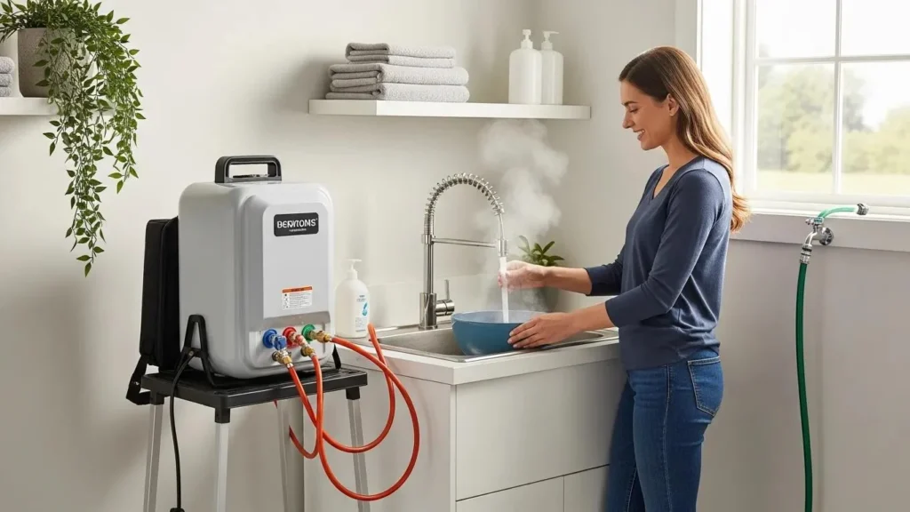 Portable hot water system in use at home, illustrating temporary hot water solutions